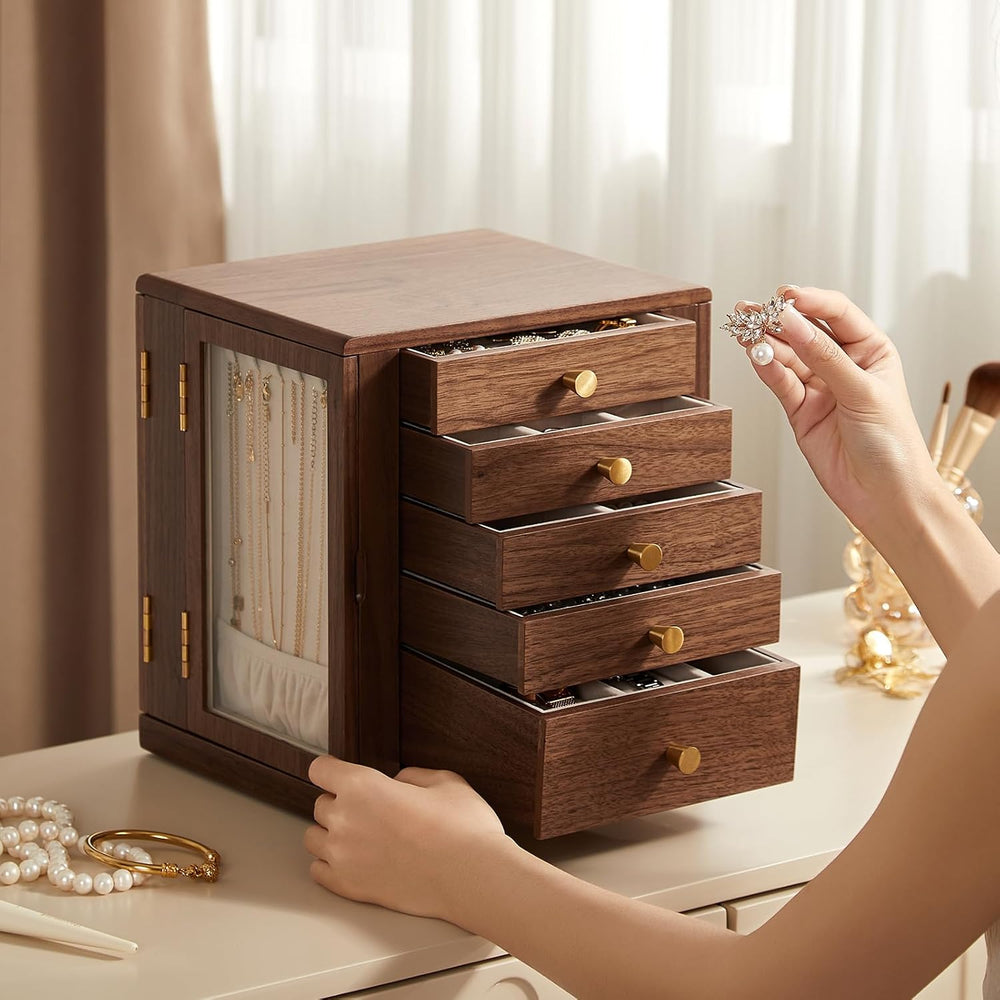 Rotating Black Walnut Wooden Jewelry Box for Women, 5 Layer