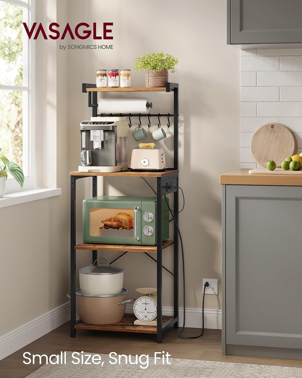 VASAGLE 4-Tier Kitchen Bakers Rack with Power Outlet, 17.7-Inch Wide
