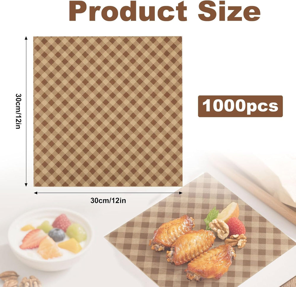 BOXOB 1000pcs Brown Checkered Wax Paper Sheets, 12x12in