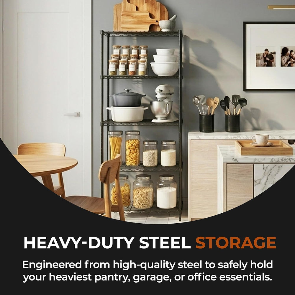 5-Tier Metal Shelf, 250 lb/Shelf, NSF, Black, 14x24x59 in