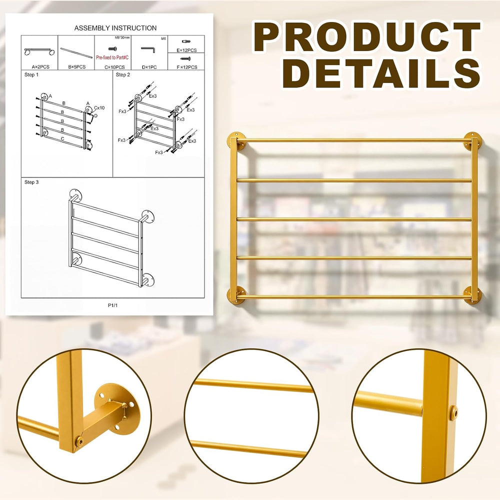 5 Tier Wall Mounted Hijab Organizer, Gold Metal Scarf Rack