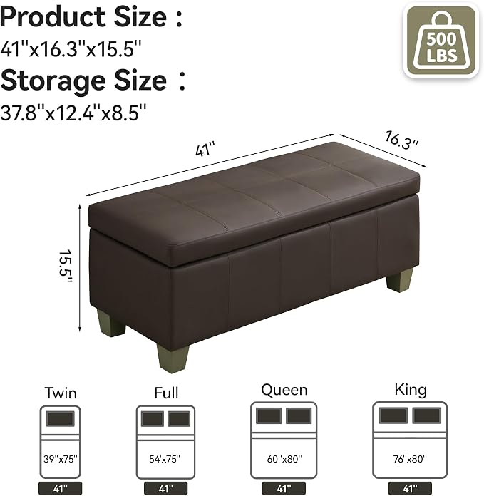 41" Faux Leather Storage Ottoman, Stitch Tufted Rectangle Upholstered En...