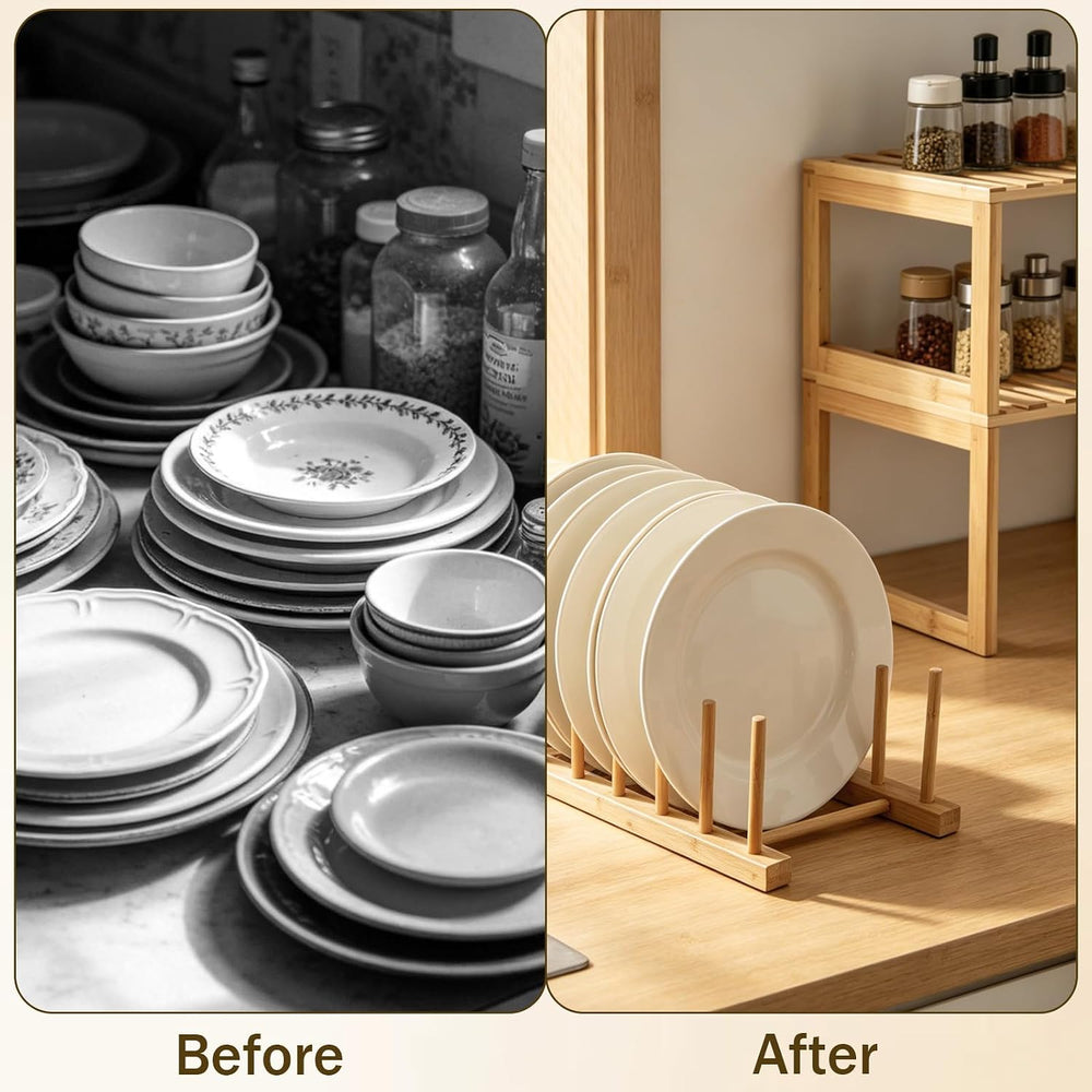 4 Pcs Cabinet Organizer Shelf and Bamboo Dish Drying Plate Rack, Kitchen Orga...