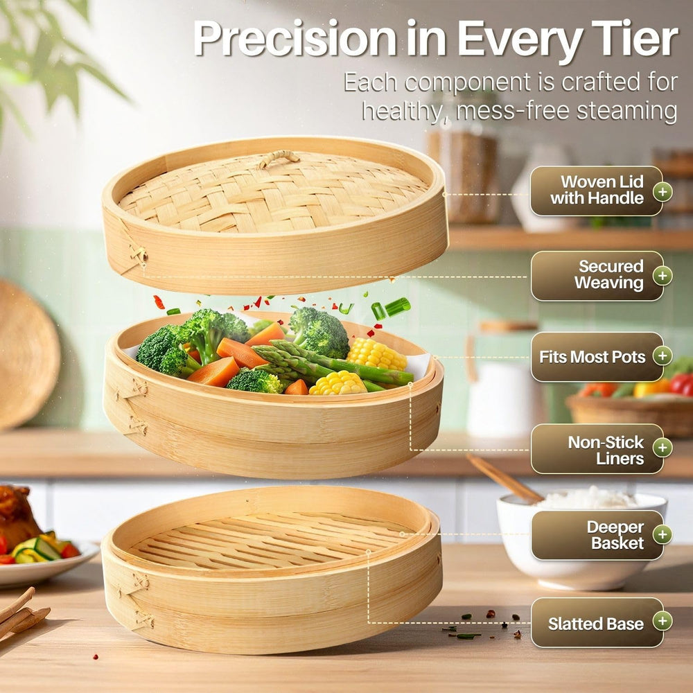 Flexzion Bamboo Steamer Basket Set (8 inch), 50 x Steamer Liners and 2 Pairs ...