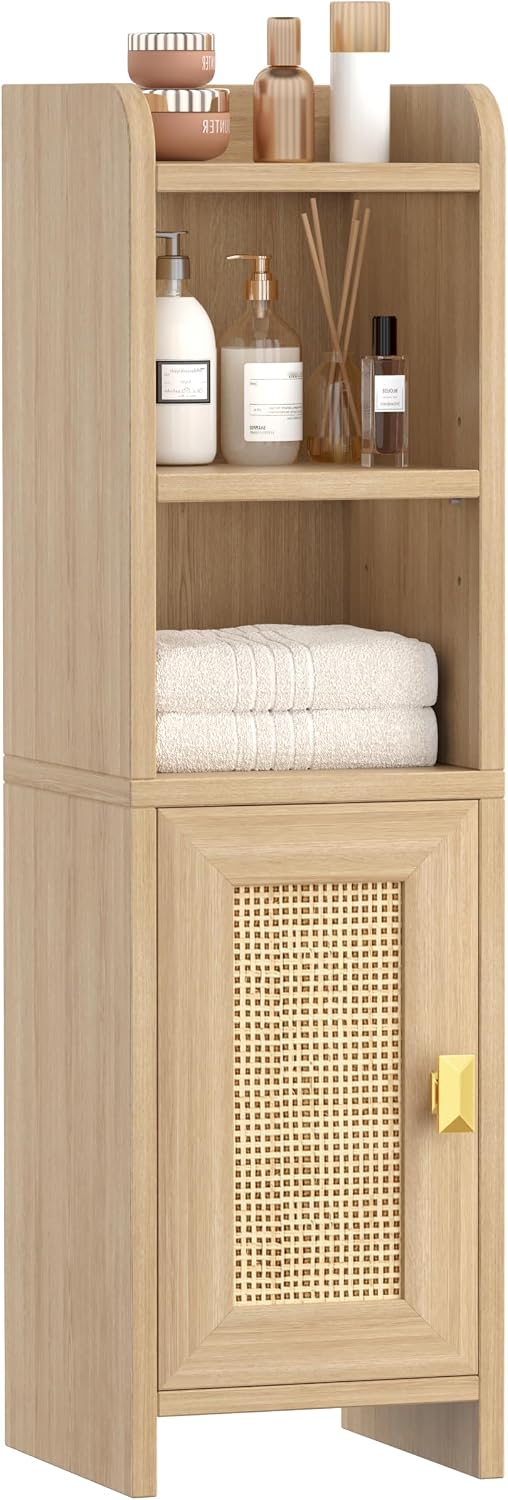 Akxomel Rattan Small Bathroom Storage Cabinet with 2 Open Shelves, Oak
