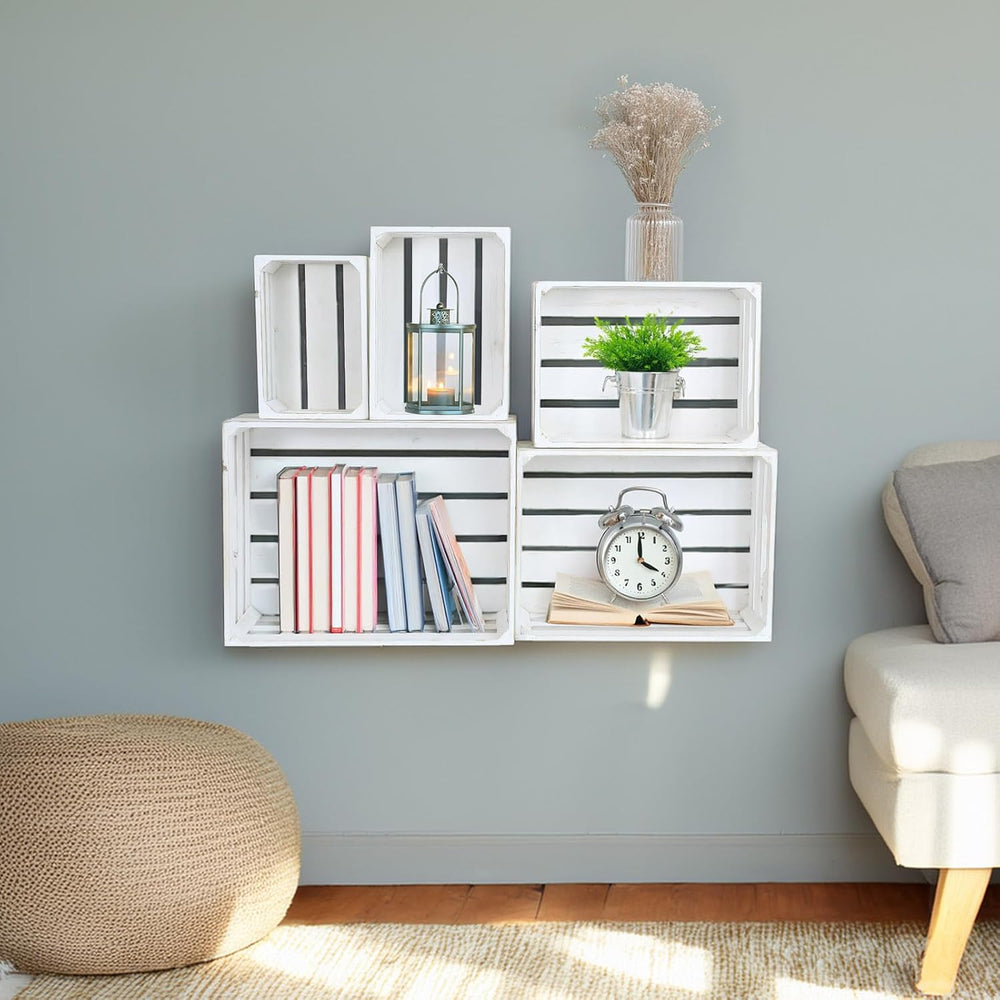5-Piece Rustic White Wooden Crates Set, Wall Mountable Slatted Storage Crates...