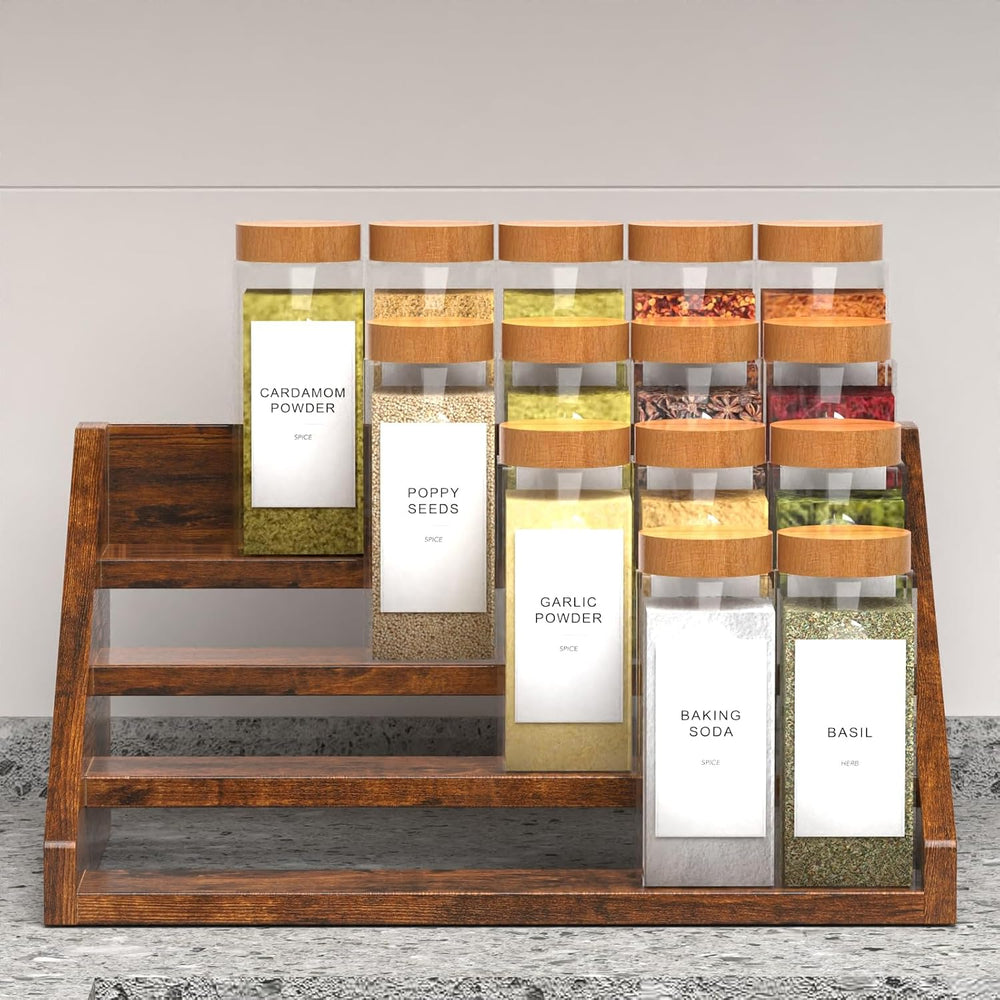 4 Step Spice Rack Organizer for Cabinet, Robust Wooden Display Riser Shelf Se...