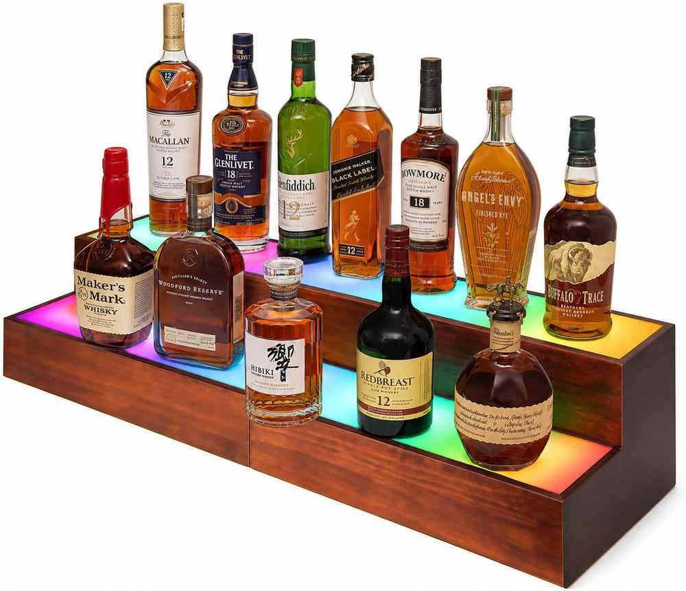 2 Pack LED Liquor Bottle Display Shelf , 2 Tier Real Wood Bar Shelves for Liq...