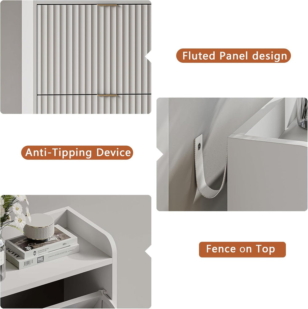White Fluted Shoe Cabinet, Narrow Entryway Storage Rack Organizer