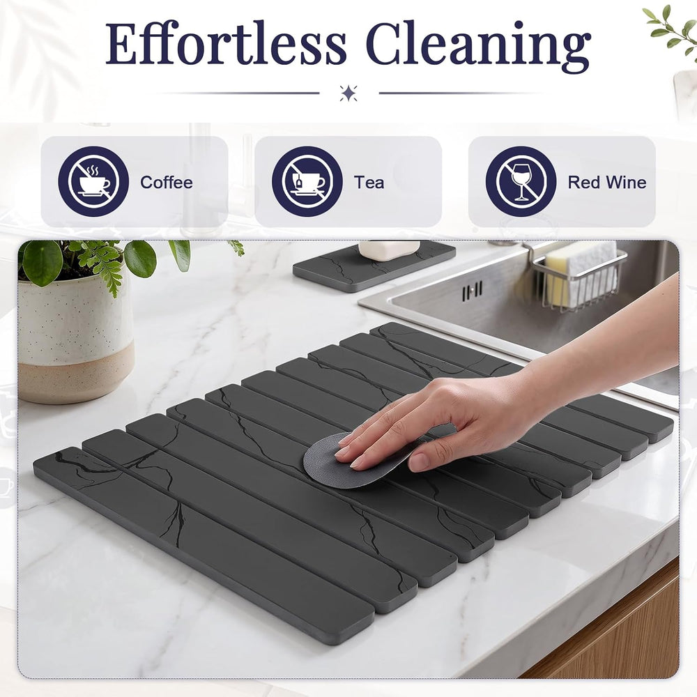 Large Stone Dish Drying Mat Set for Kitchen Counter Dark Gray Marble