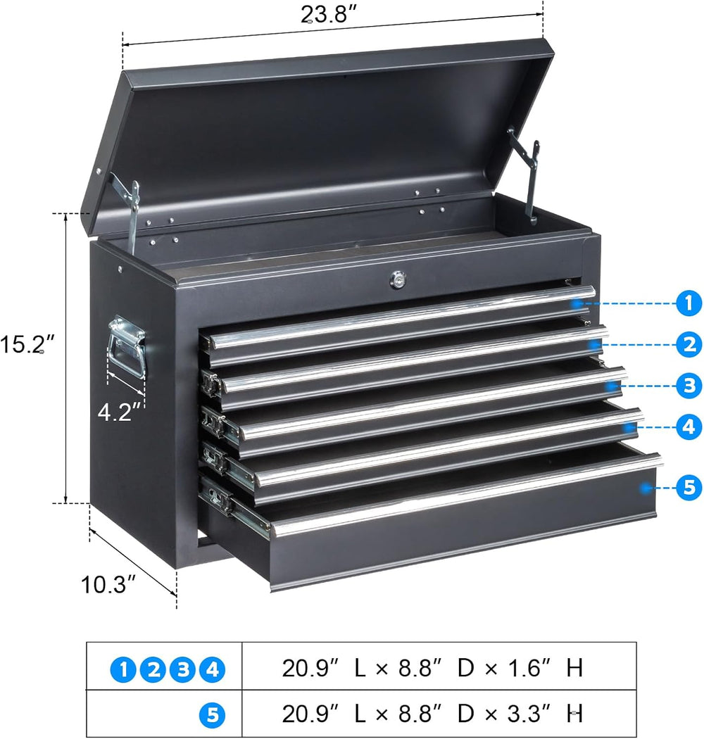 24" Portable Metal Tool Box, 5 Drawers Lockable Toolbox, Black