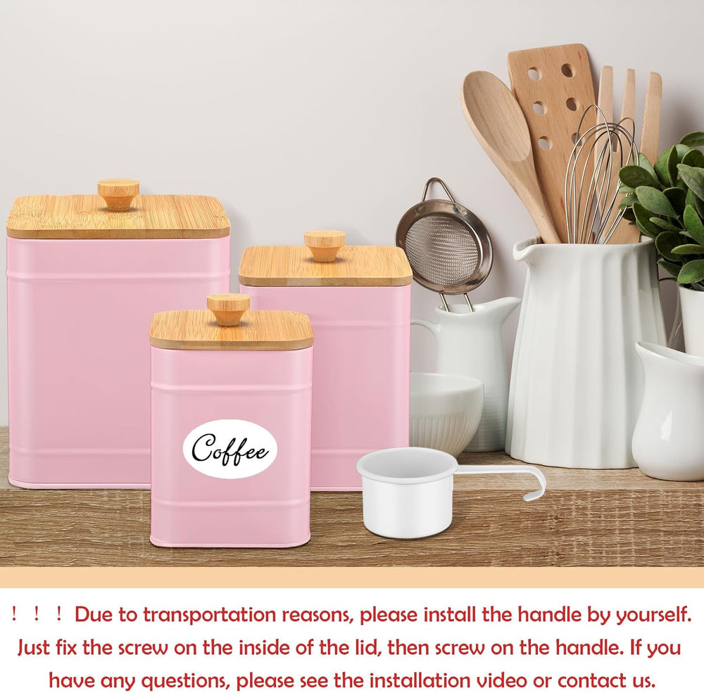 Kitchen Canister Set of 3 & Airtight Bamboo Lids Spoon, Pink, L,M,S