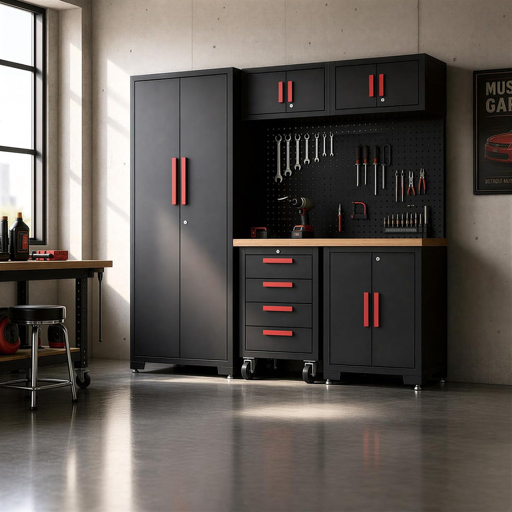 BIG RED Garage Storage Cabinets System, 6-Pcs Workshop Cabinet Set in Black