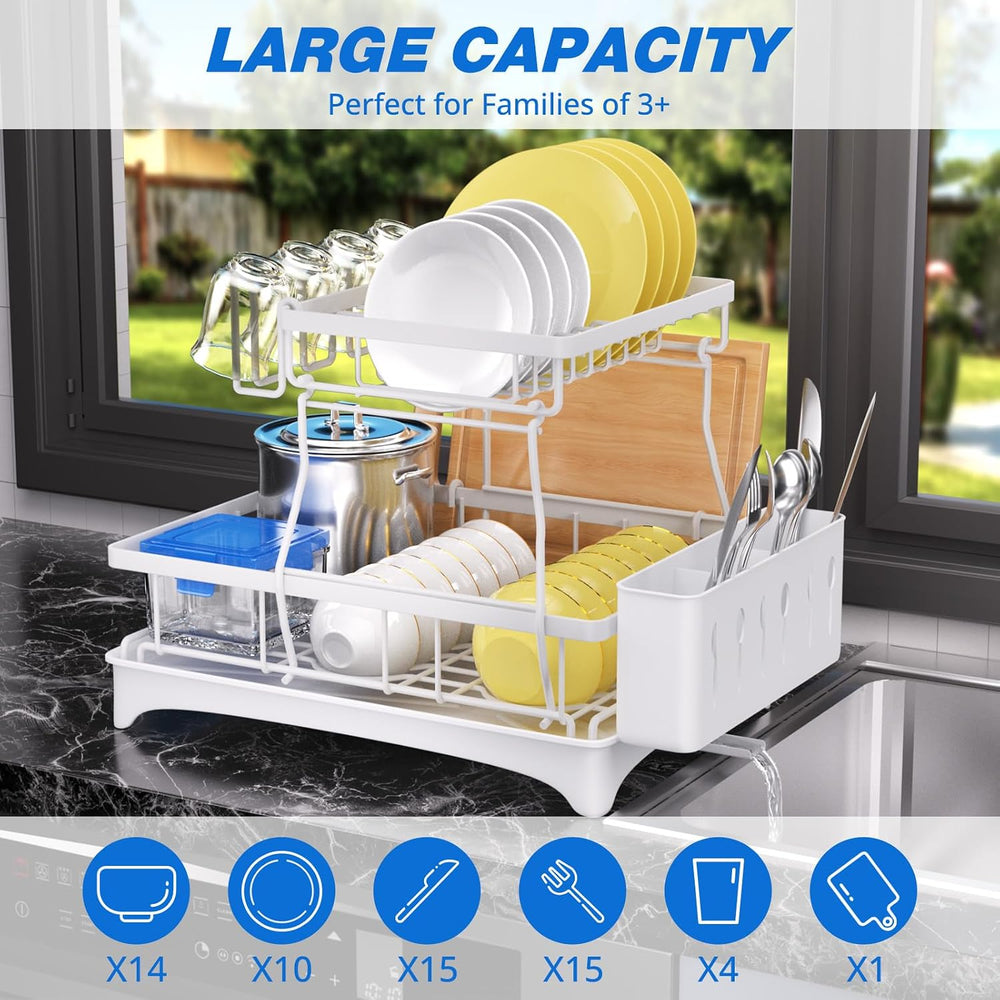 Godboat 2-Tier Dish Drying Rack - Dish Rack with Auto Drain-to-Sink & Mat