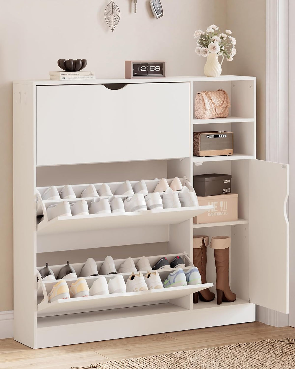 GRUSIGN Shoe Cabinet for Entryway with 3 Flip Drawers, Narrow Shoe Storage Ca...