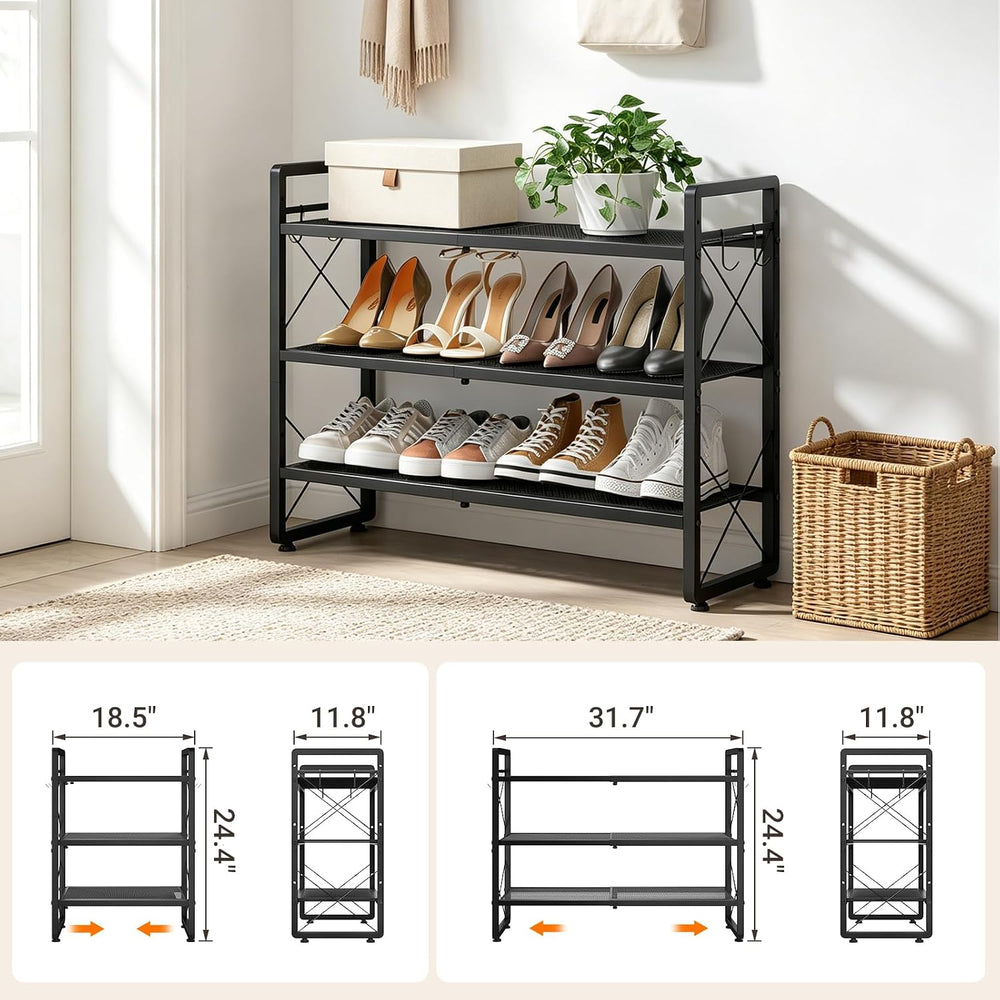 ELYKEN Expandable Shoe Rack for Closet, 3-Tier Metal Black Shoe Organizer