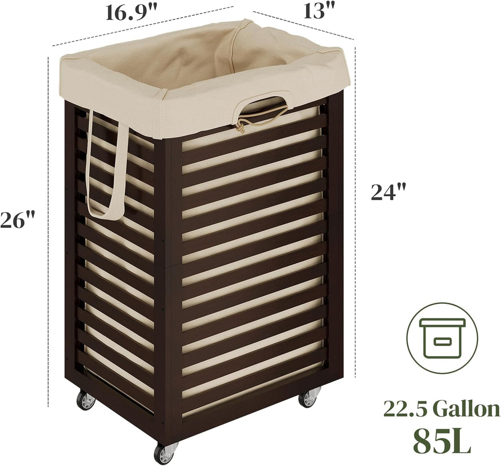 Bamboo Rolling Laundry Hamper 85L Clothes Storage Pin with Removable Liner