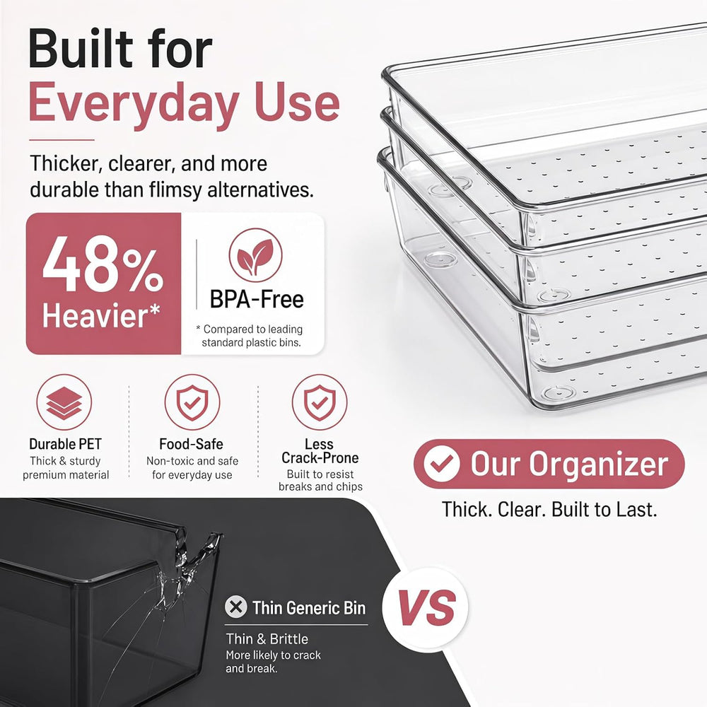 12 Pack Large Drawer Organizer Bins - Clear Plastic Bathroom Drawer Organizer...