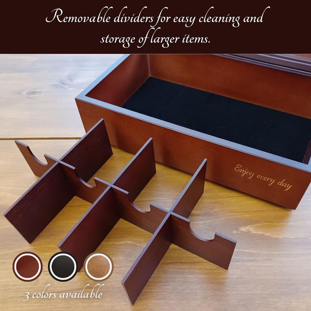 BJOYFUL&LOVED Wooden Tea Box with Glass Lid, 8-Compartment, Walnut Color