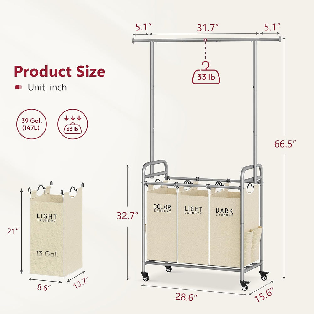 Tajsoon Laundry Hamper with Hanging Rack, Laundry Sorter 3 Section, Beige
