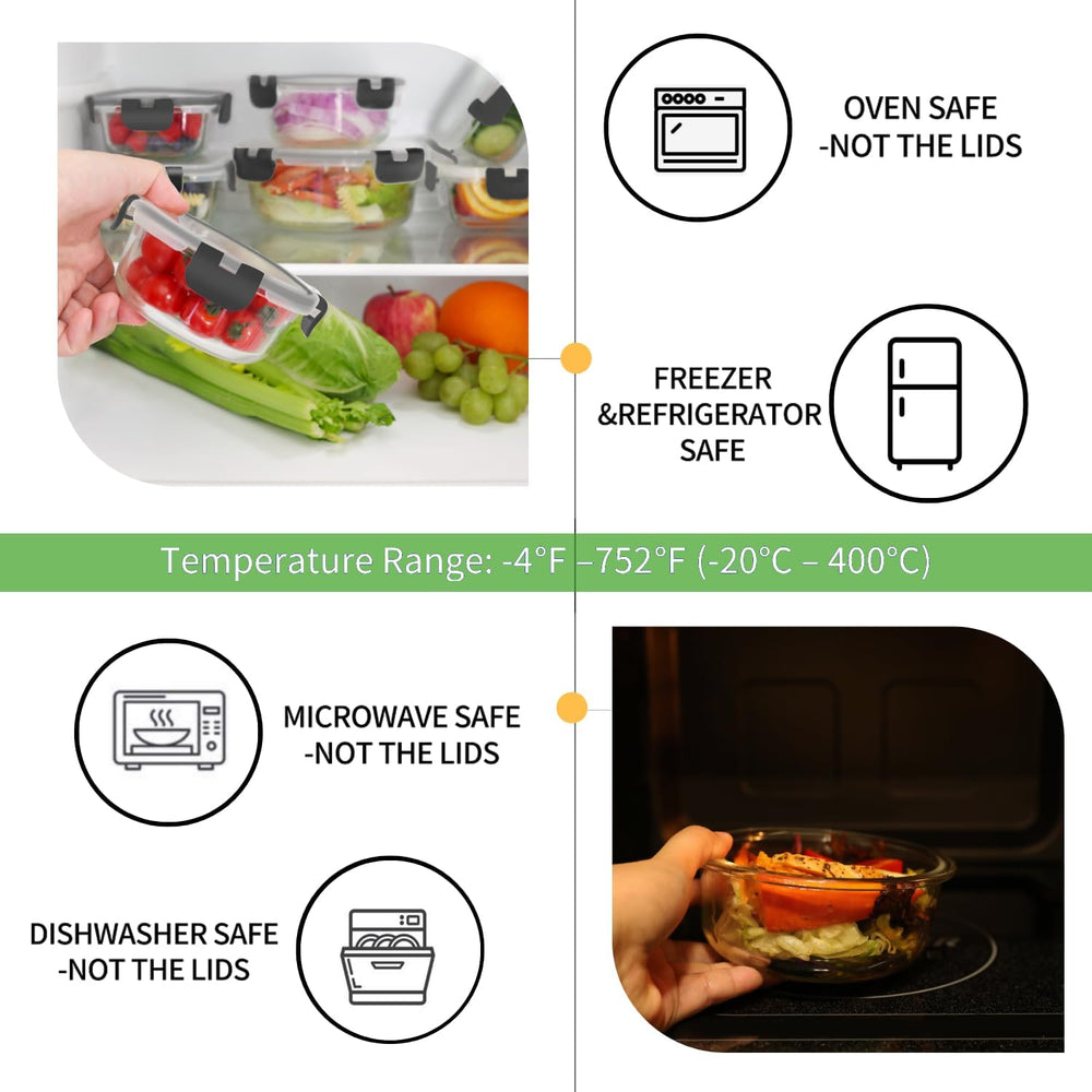 18 Piece Glass Food Storage Containers with Snap Locking Lids for Meal Prep