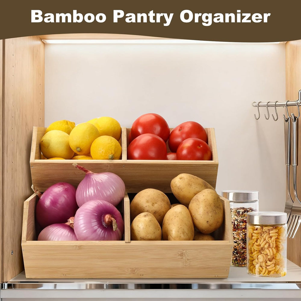 Bamboo Pantry Organizers and Storage Bins, 2 Set Stackable Baskets for Vegeta...
