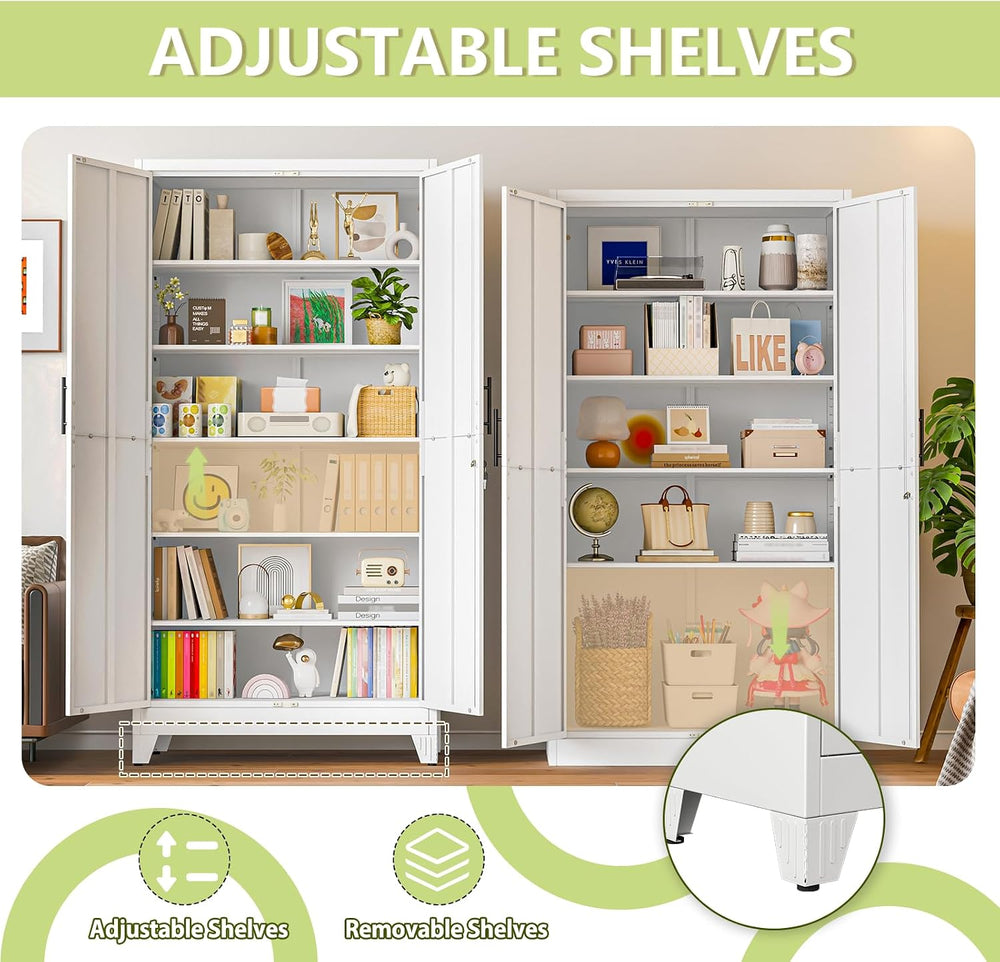 White Kitchen Pantry Cabinets,79 Metal Lockable Storage for Office