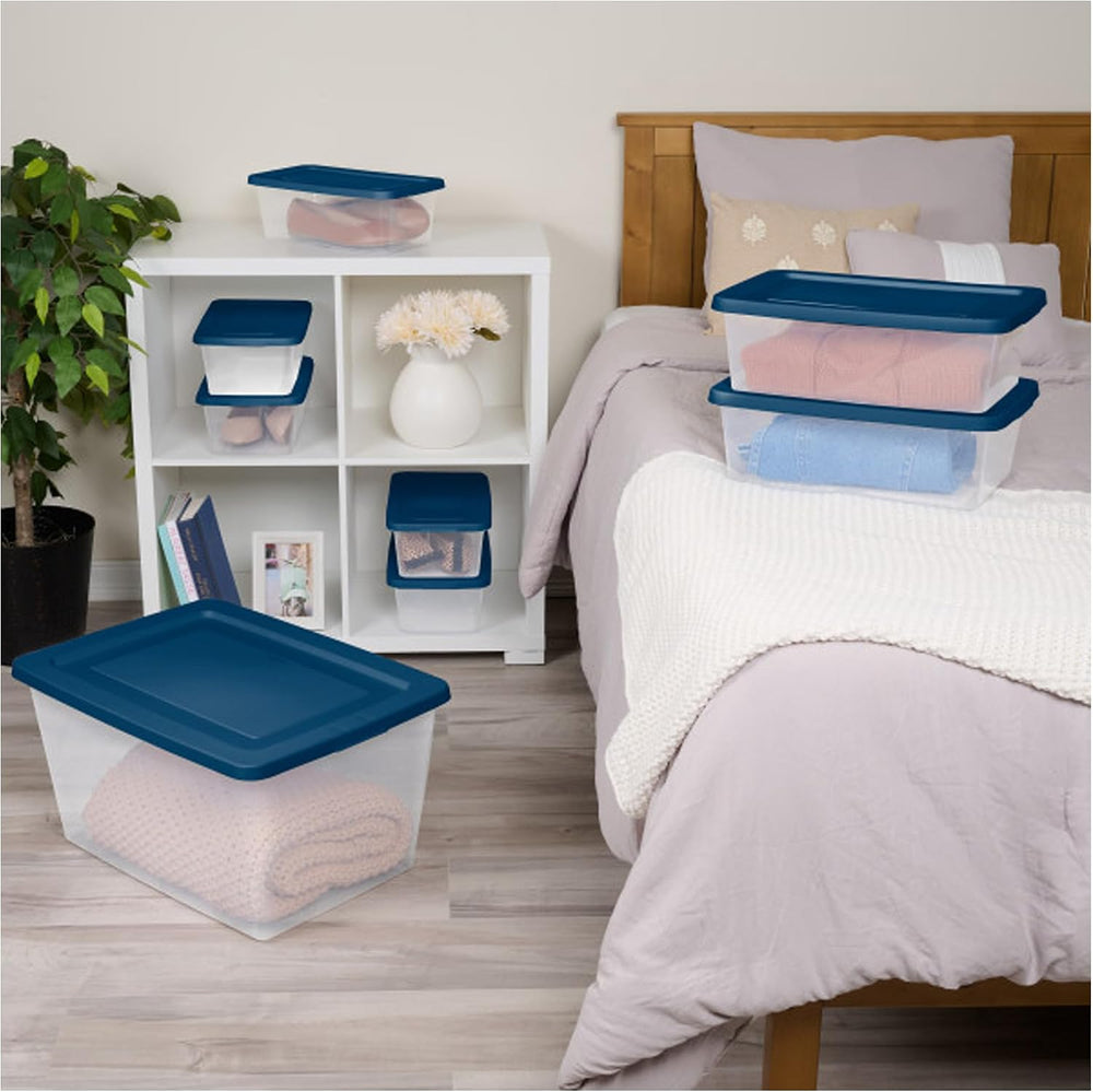 Sterilite Stackable 6 Qt Storage Box Container, Clear, Marine Blue Lid (60 Pack)