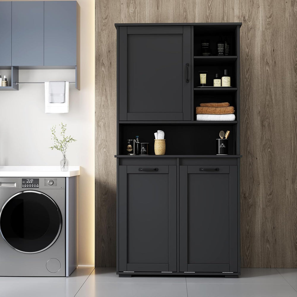 Tall Laundry Cabinet with Double Tilt Out Laundry Hamper, Freestanding Floor ...
