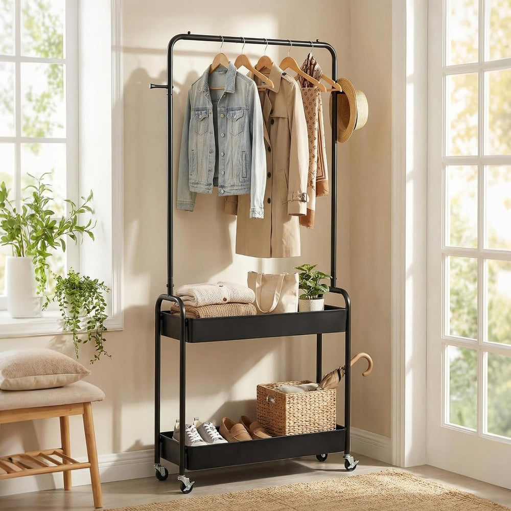 LDAILY Small Rolling Clothes Rack, Heavy Duty Clothing Rack with 2 Baskets, 4...