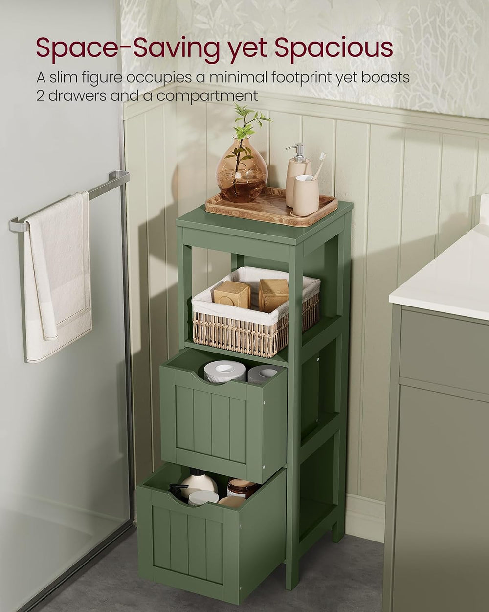 VASAGLE Bathroom Floor Cabinet, 2 Drawers, 35" H, Forest Green