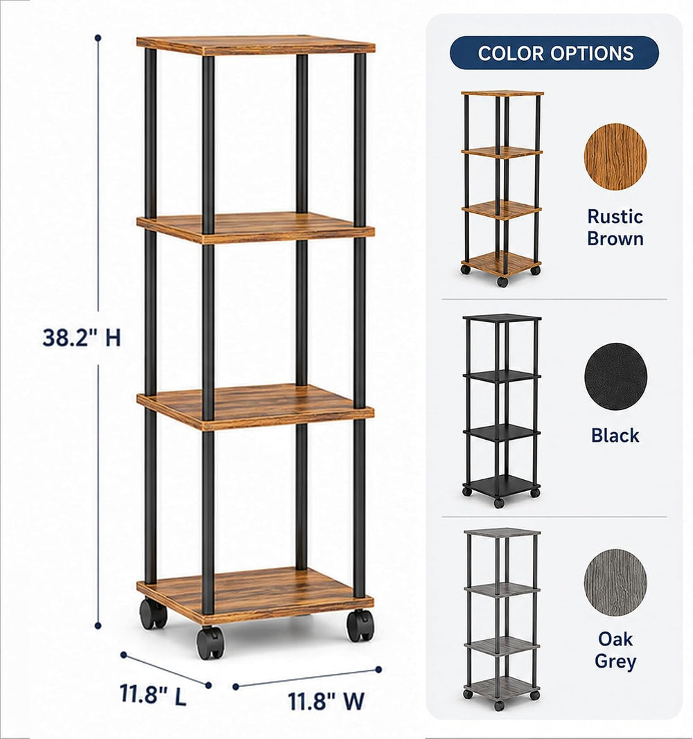 4-Tier 38.2" Tall Rustic Brown Bathroom Shelving Unit with Wheels