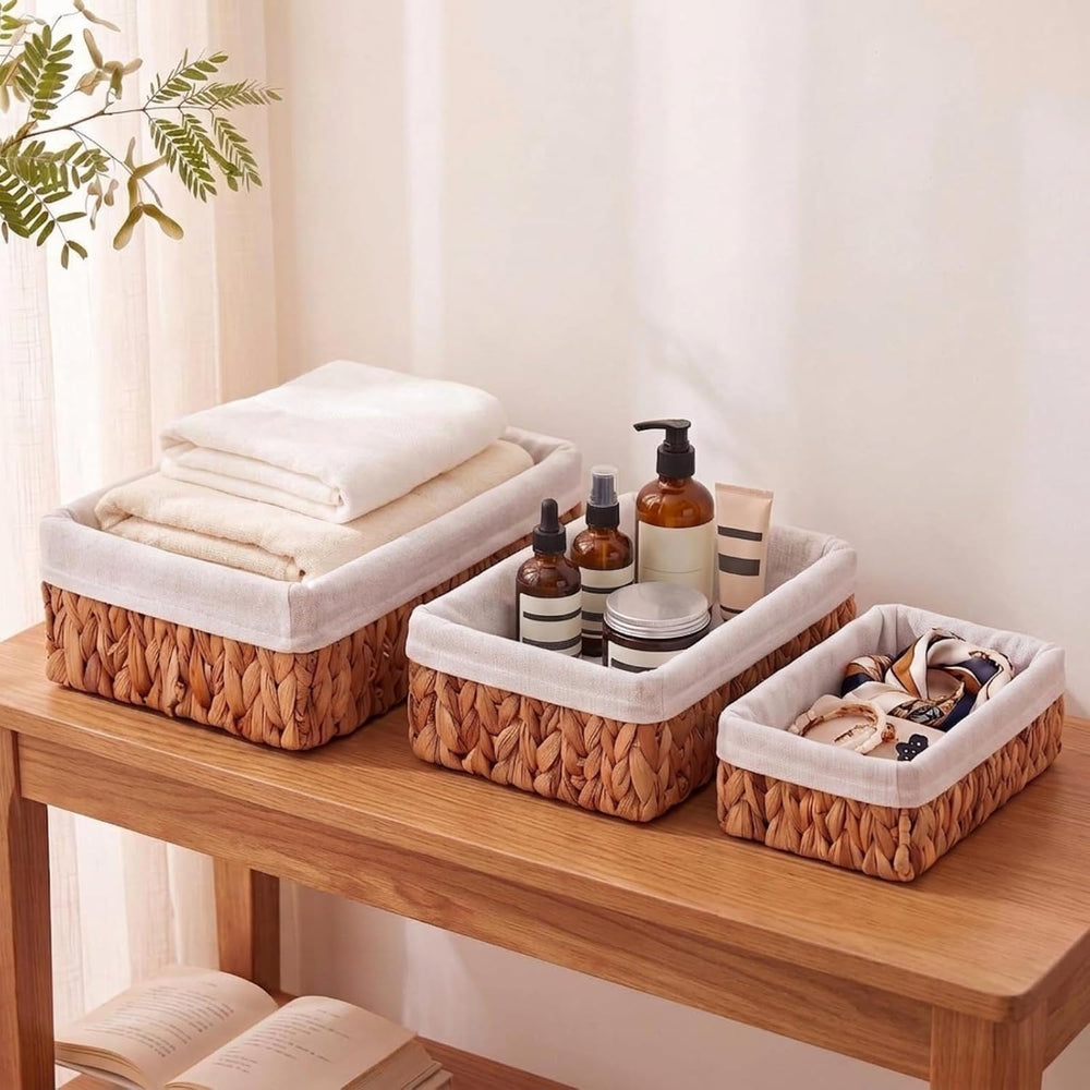 3 Pcs Wicker Storage Baskets with Liner, Water Hyacinth Rattan Baskets