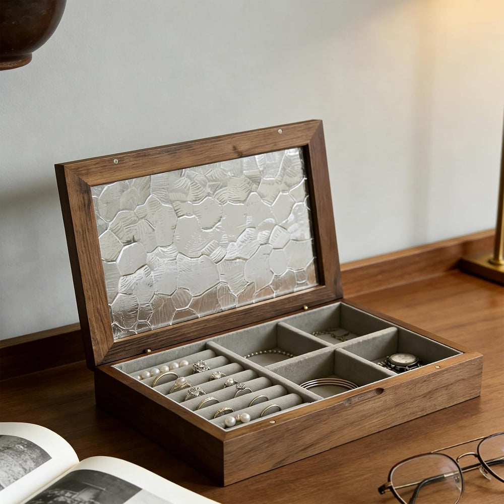 Wooden Jewelry Box with Glass Lid, Multi-Compartment Jewelry Display Case, Li...