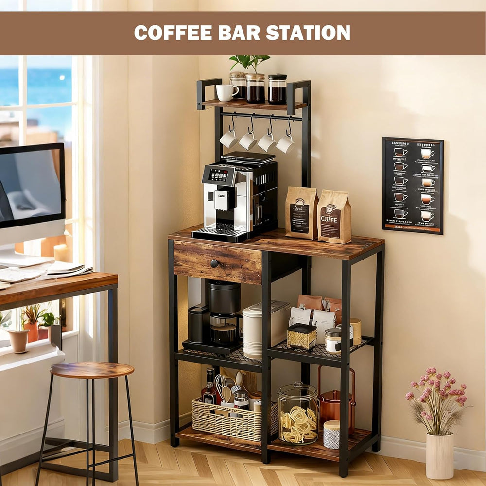 Kitchen Bakers Rack with Drawer,6 Tier Microwave Stand with Hooks