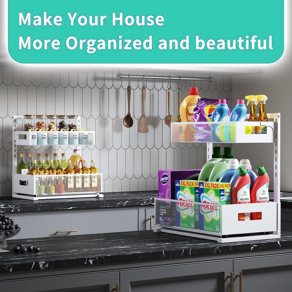 Petiza Under Sink Organizer Adjustable Height 2 Tier Bathroom Organizer Pull ...