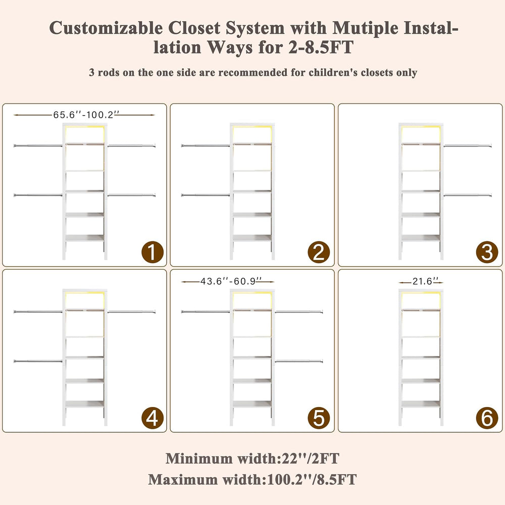 100'' Closet System with 4 Hanging Rods & LED Lights, 2-8 FT Wood...