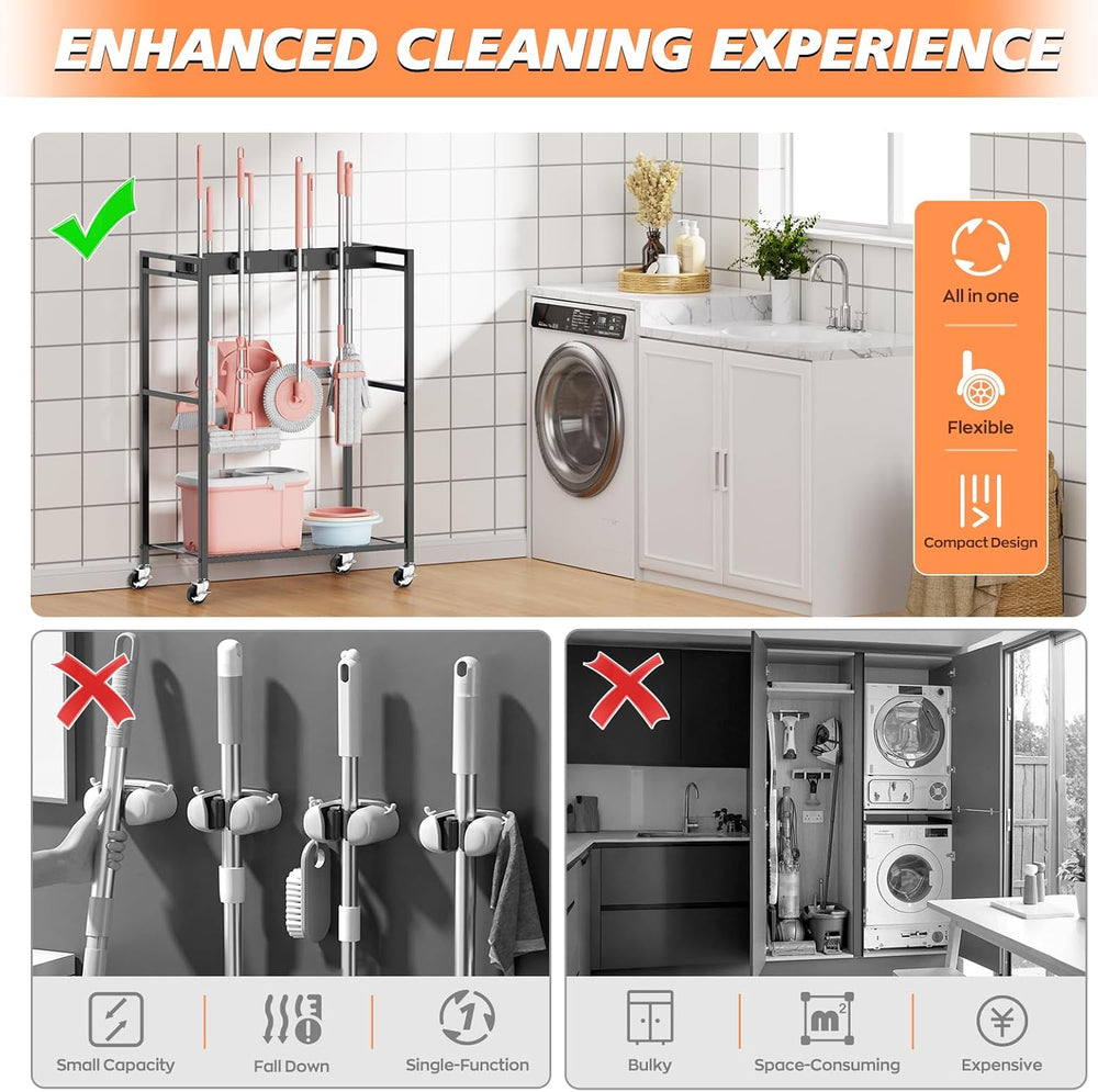 Broom and Mop Holder, MUNNAR Broom Closet Storage Cabinet, Cleaning Cart with...