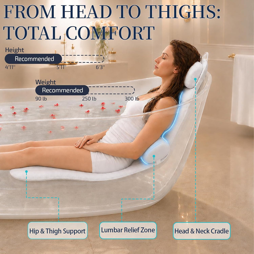 Extra Long Full Body Bathtub Pillow, Adjustable Lumbar Support, Fast Dry