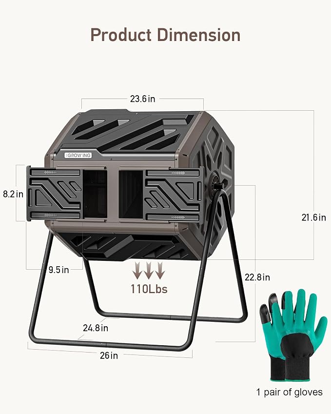 THEGROW'ING Updated 43 Gallon Compost Bin Outdoor, Fast Assemble Tumbling