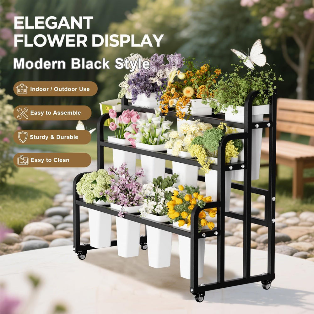 Heavy Duty Flower Bar with Buckets, 3-Tier Bouquet Bar Stand