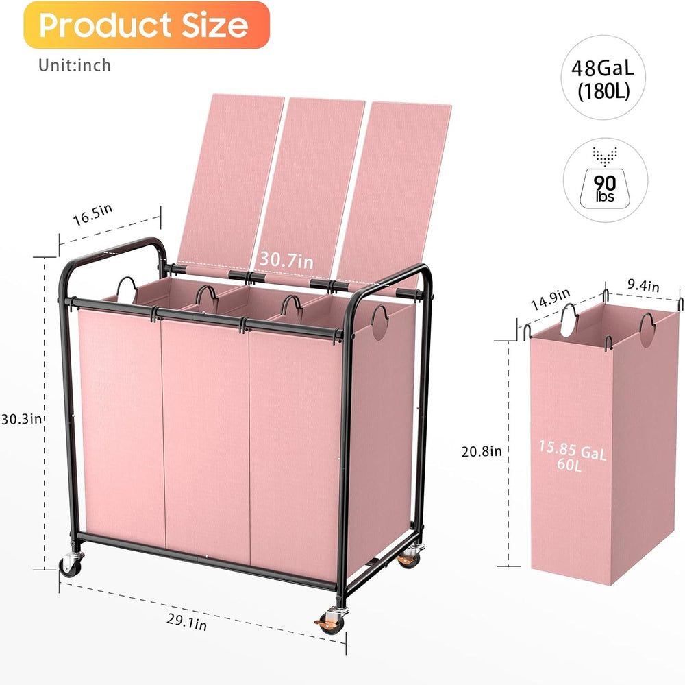 180L Laundry Sorter 3 Section, Rolling Laundry Basket with Wheels and Lid