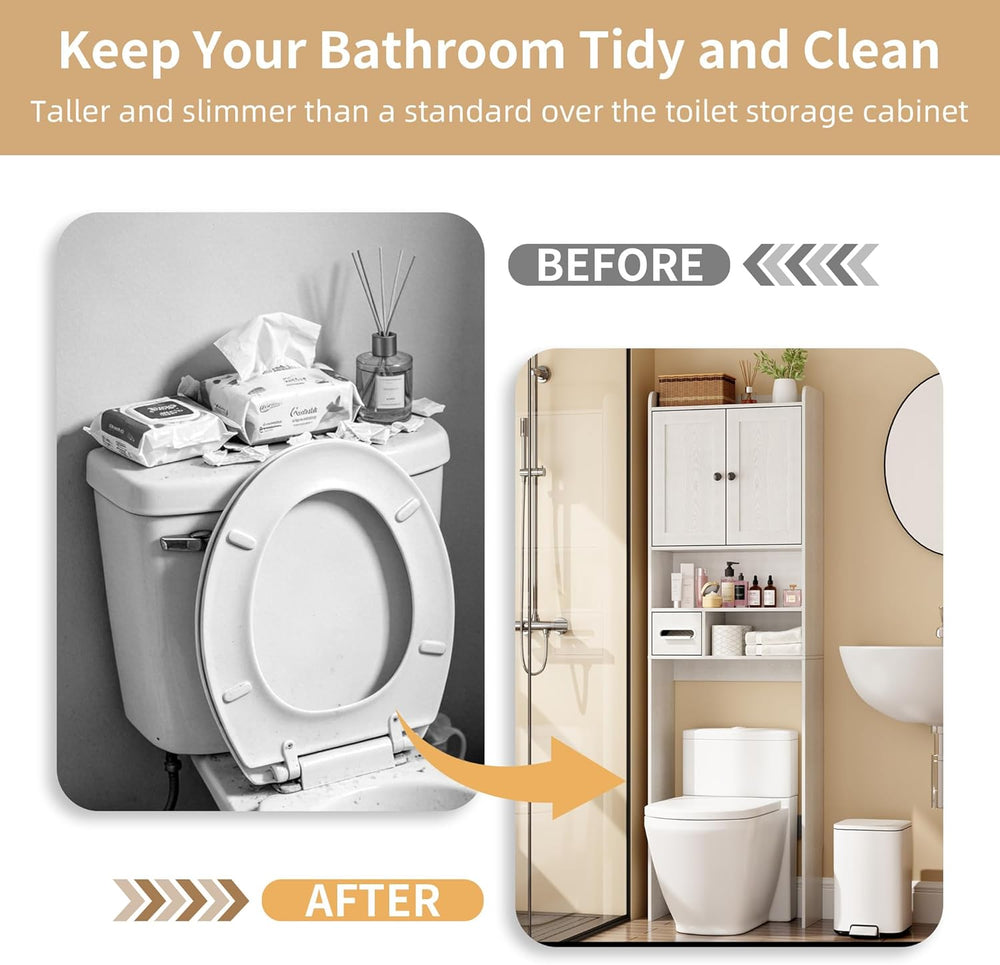 Over the Toilet Storage Cabinet, Tall Slim Bathroom Organizer with Doors, Adj...