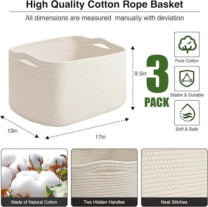 Large Storage Baskets for Organizing Shelves, Woven Cotton Rope Bins for Baby...