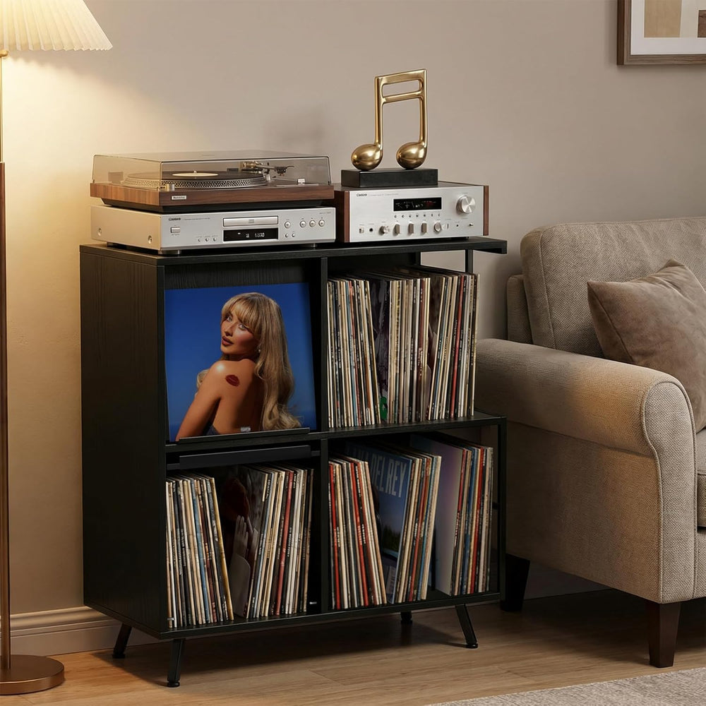 3 Tier Record Player Stand with Flip-Down Record Shelf, Black