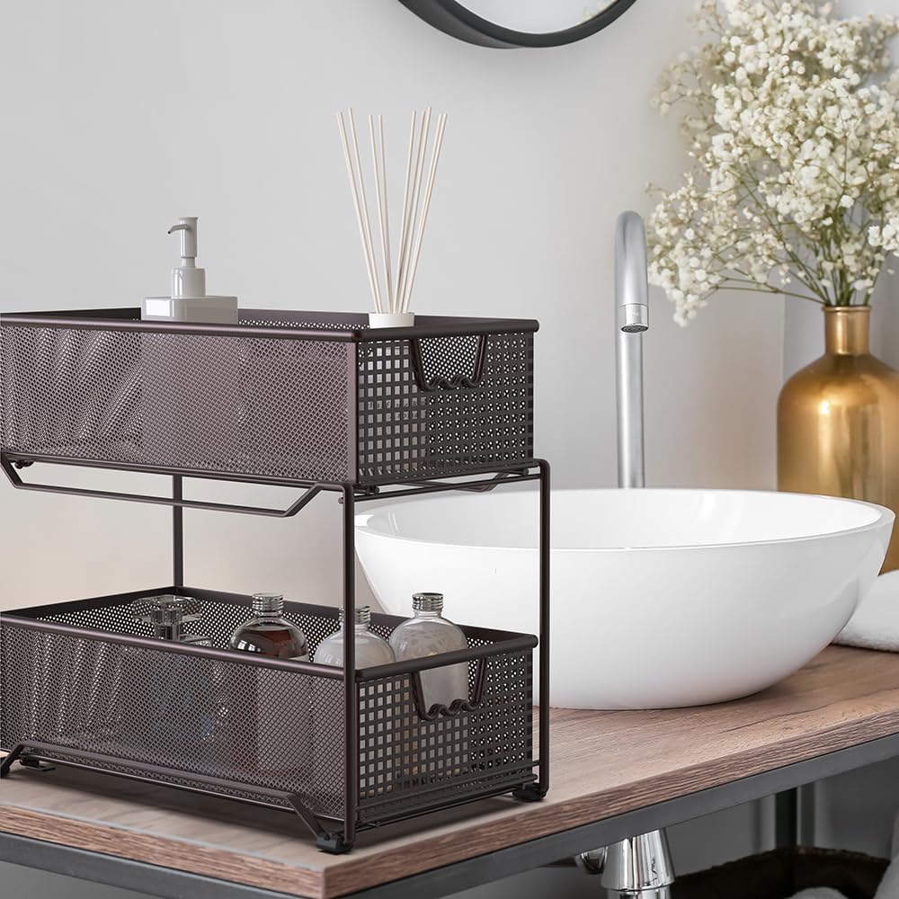 Deco Brothers 2 Tier Bathroom Storage Organizer with Pull-Out Drawer Bronze