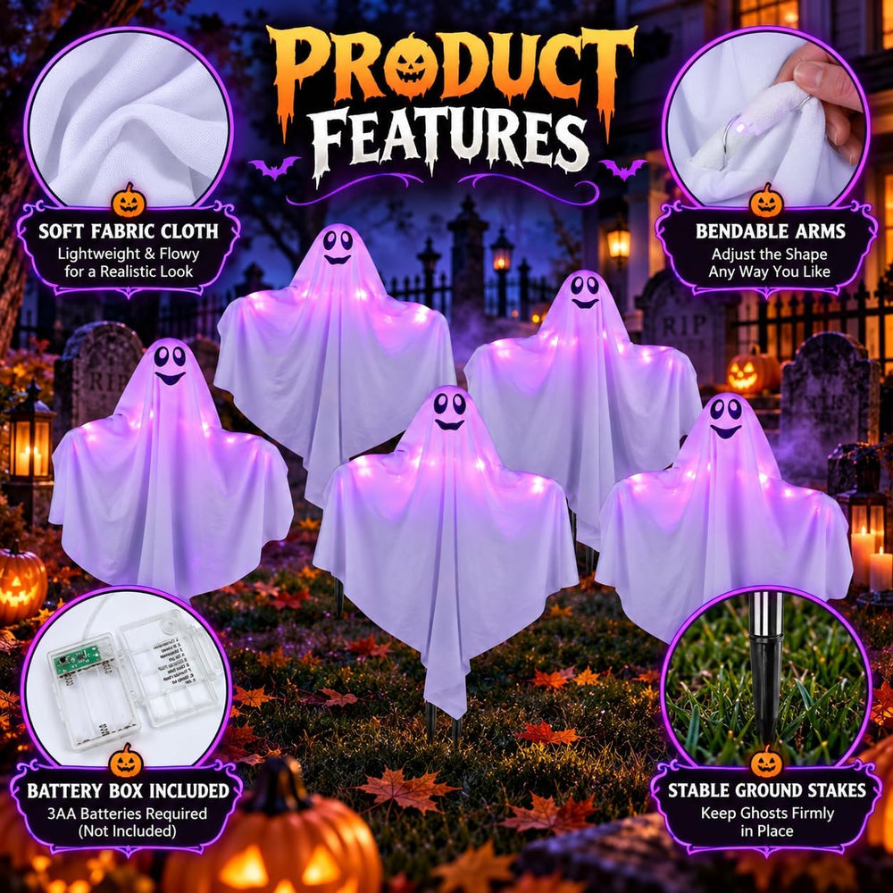 5 Pack Halloween Decorations Outdoor Lighted Ghost Stakes, Spooky Glowing Pur...