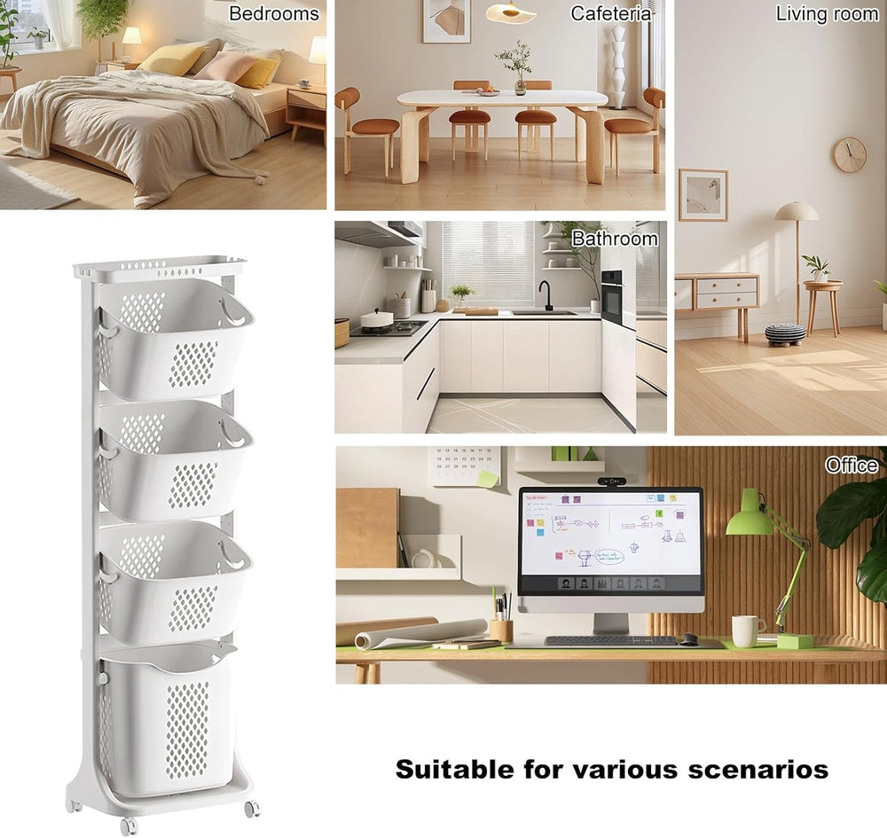 4-Tier Laundry Hamper Sorter with Rolling Baskets for Bathroom White