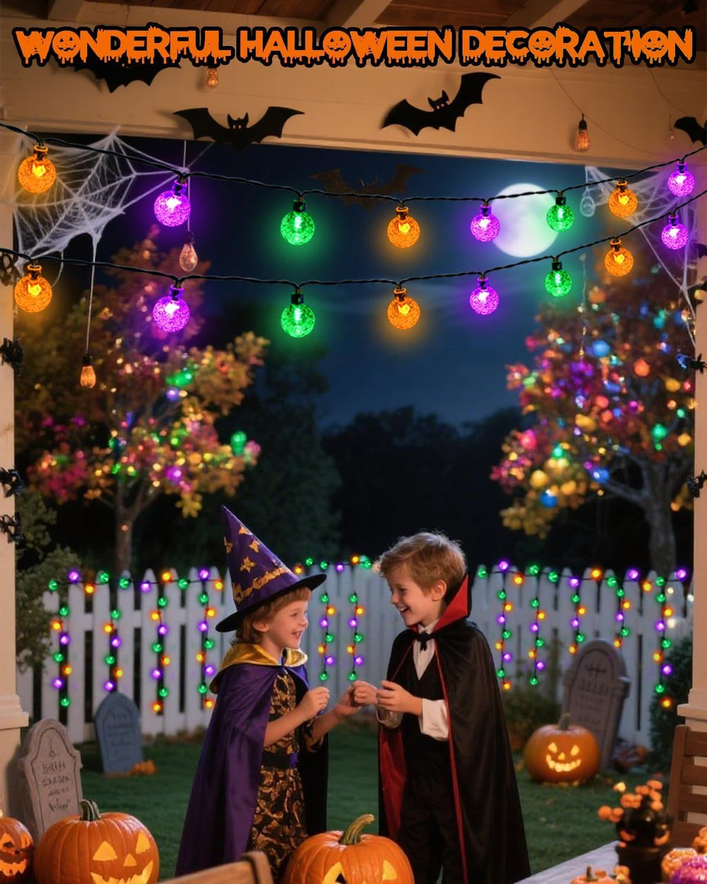 2 Pack 100 LED Purple Orange and Green Solar Halloween Lights Outdoor