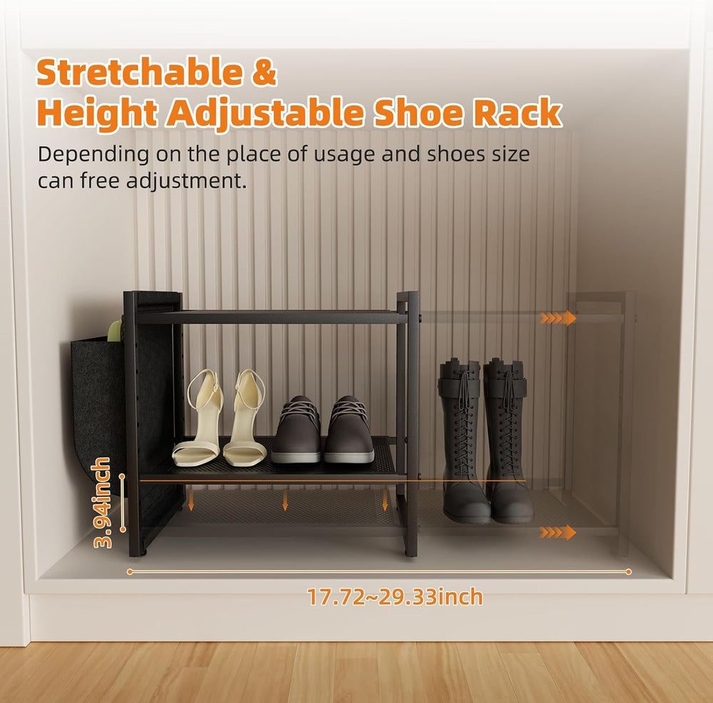 Shoe Rack with Side Pocket, Expandable 2-Tier Mesh Shoe Organizer for Closet,...
